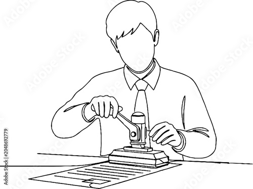 Person examining object under microscope illustration.