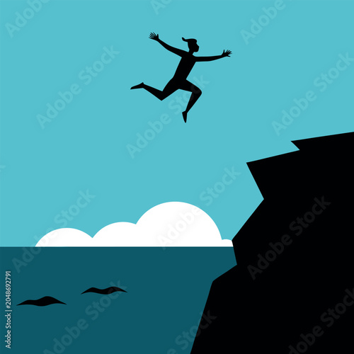 cliff-jumper-over-water a-high-energy-silhouette. 