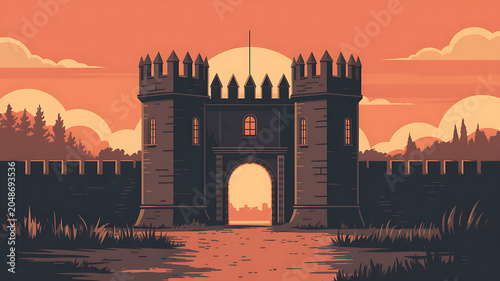 Classic stone castle gatehouse with portcullis at golden sunset gatehouse fortress battlements