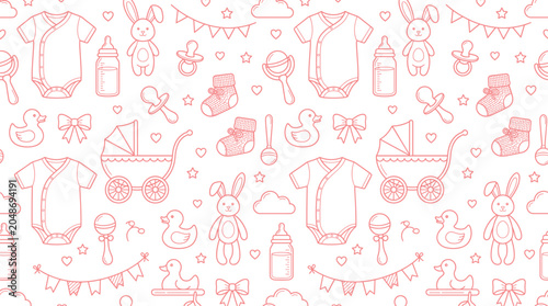 Hand-drawn newborn baby shower essentials seamless pattern in outline style for print and web