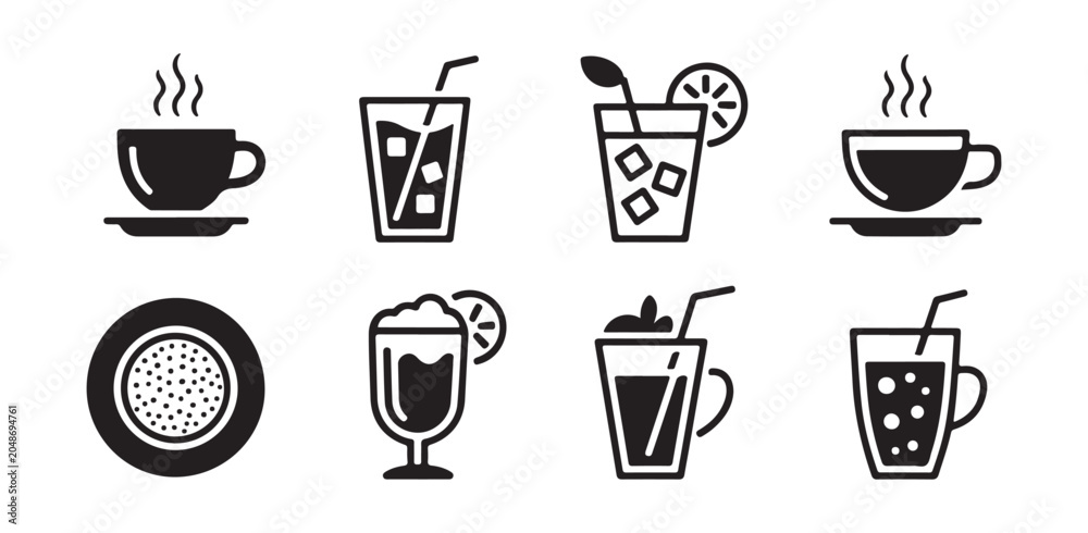 Fototapeta premium Set of Minimalist Beverage and Drink Icons for Cafe and Restaurant Menus