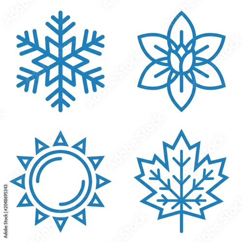 Four stylized icons representing the four seasons: snowflake, flower, sun, and maple leaf.