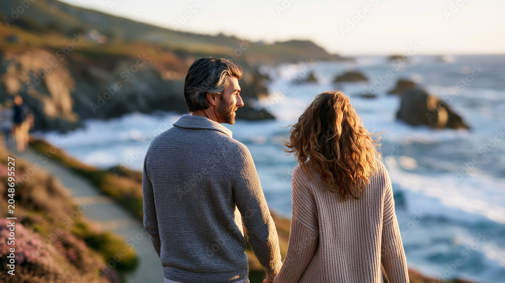 Fototapeta premium Faceless couple in warm-toned sweaters walking along a dramatic coastal path above crashing waves at sunset, romantic coastal hike concept, scenic oceanside photography, autumn