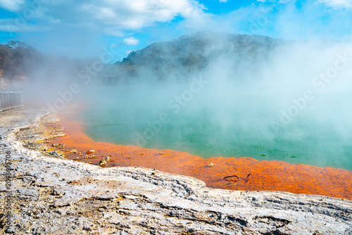 Colourful geothermal pools with swirling steam, New Zealand Geothermal Park