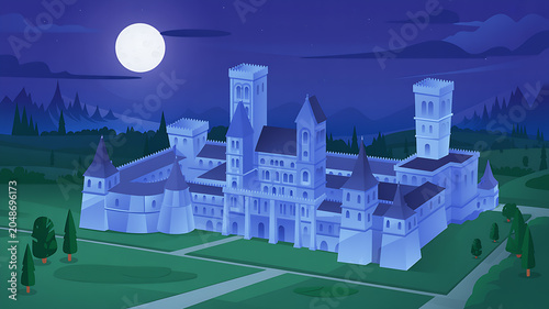 Medieval stone castle complex under full moon night sky with fortress medieval moonlight exterior