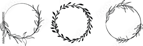Doodle botanical circle frame. Hand-drawn round line border, leaves and flowers, wedding invitation and cards, logo design, and poster template.