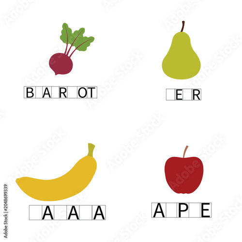 Educational Fruits and Vegetables Spelling and Color Matching Worksheet