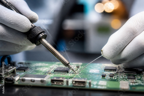 A technician in gloves is using a soldering iron to work on a circuit board.