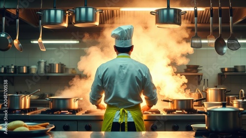 Chef standing in a commercial kitchen with fire and smoke, cooking on stove