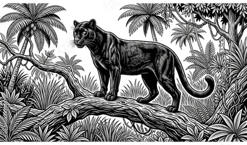 Photography Black Panther Standing on Tree Branch Vector Illustration with Palm Trees and Gr