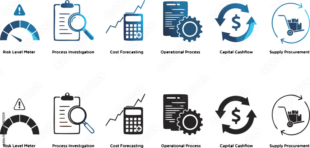 Fototapeta premium Business management and logistics process icons featuring risk meters calculators and supply chain items in two styles.