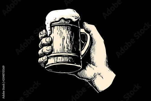 Light-colored hand holding a beer stein on a black background in graphic illustration style.