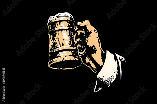 Light-colored hand holding a beer stein on a black background in graphic illustration style.