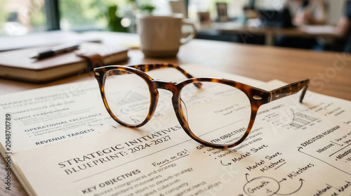 Reading glasses on an open book and newspaper for study and finance reading in office education setting