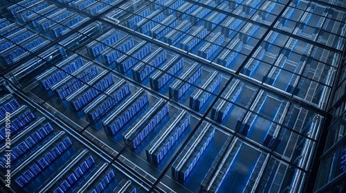 High angle view of rows of server racks with glowing blue lights in a modern data center.