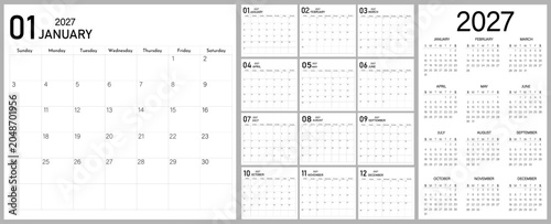 Realistic calendar design 2027 year | Week starts on Sunday | 12 months elegant English calendar 2027 modern annual organizer with notes