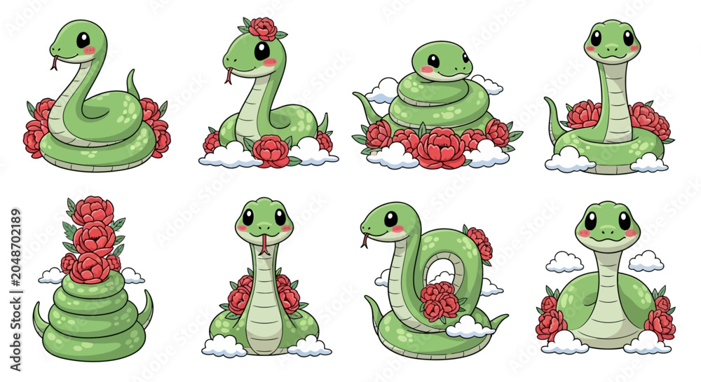 Fototapeta premium Ecstatic green snakes with red roses, cartoon characters, emotional expressions
