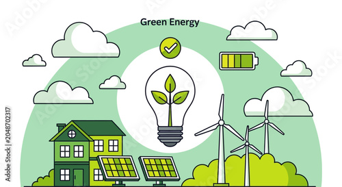 Green energy concept, eco friendly home with solar panels and wind turbines, sustainable living background