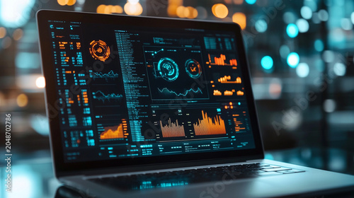 Close-up of modern AI analytics dashboard on laptop screen, glowing charts and business metrics, clean office environment, artificial intelligence business concept, realistic stock
