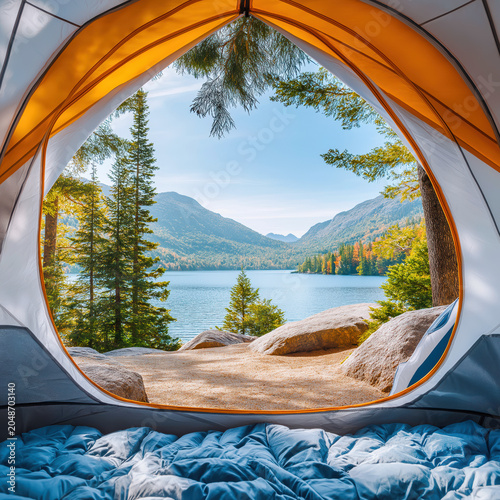 Camping tent view with calm lake, forest trees and distant mountain landscape