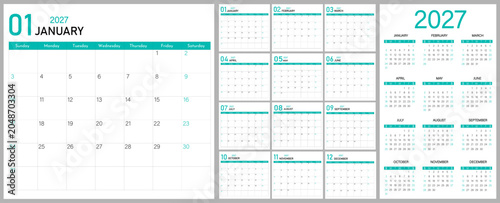 Foto Calendar 2027 planner modern layout template | Week starts on Sunday | Set of 12