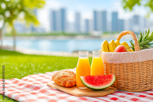 Picnic on checkered blanket with orange juice, watermelon slice and fresh fruit basket by city waterfront