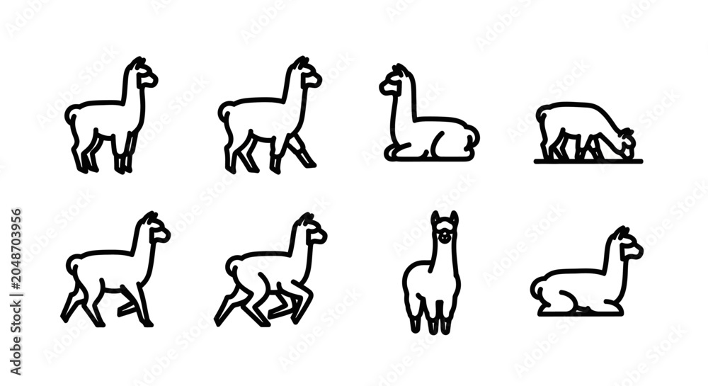Naklejka premium Set of Alpaca and Llama Icons in Various Poses and Actions
