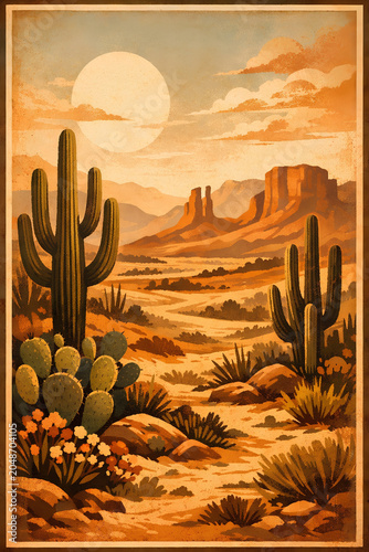 Desert cactus landscape wall decore poster.