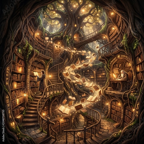 Magical ancient tree library with floating books and wizard scholar in a fantasy forest setting