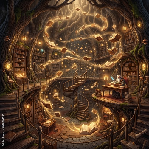 A magical wizard library inside a giant hollow tree with floating glowing books and spiral staircases