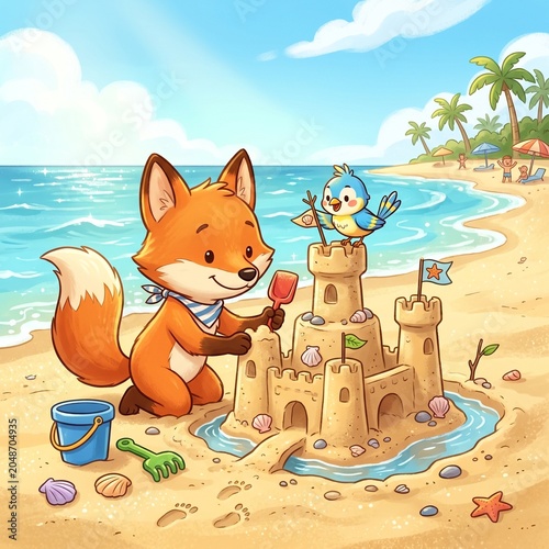 Cute cartoon fox and blue bird building a sandcastle on a sunny tropical beach