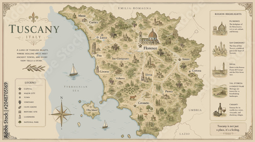 Bild auf Leinwand A beautifully illustrated map of Tuscany, Italy, highlighting major cities, landmarks, and geographical features, with a decorative border and inset illustrations