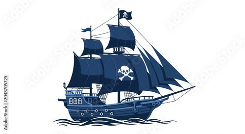 Foto Pirate Ship Sailing on the Sea, Jolly Roger Flag, Nautical Adventure