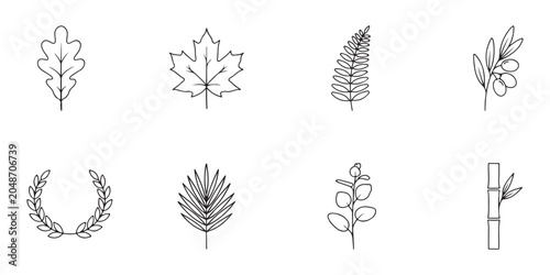 Collection of eight black line art botanical illustrations on white