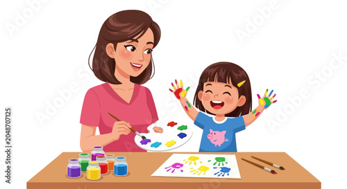 Woman and little girl painting together, art class concept, creative activity