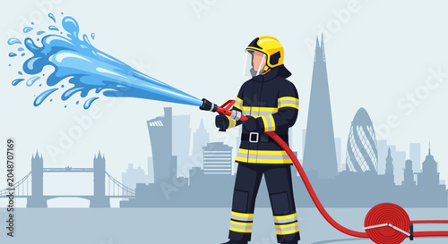 Schilderij op canvas Firefighter in action, spraying water, city skyline background, emergency respon