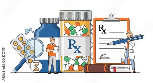 Pharmacist and doctor with prescription, medication, healthcare concept, pharmacy background
