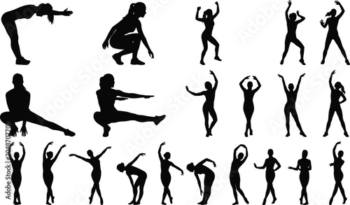 Fotografija Fitness women silhouette vector set featuring active girls in ballet dancing str