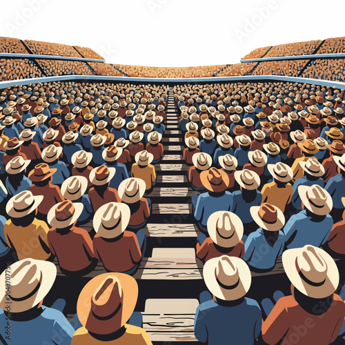 Crowd of people wearing cowboy hats in stadium seating.