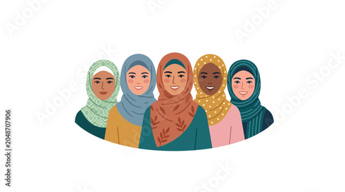 Fotografie Diverse Women in Hijabs Smiling Together - Unity and Sisterhood Illustration