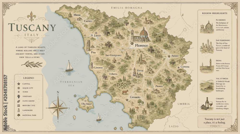 Obraz premium A beautifully illustrated map of Tuscany, Italy, showcasing its cities, towns, landmarks, and geographical features with artistic detail.