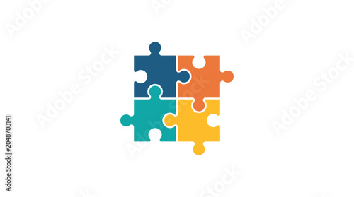 Four Colorful Puzzle Pieces Assembled Together on White Background