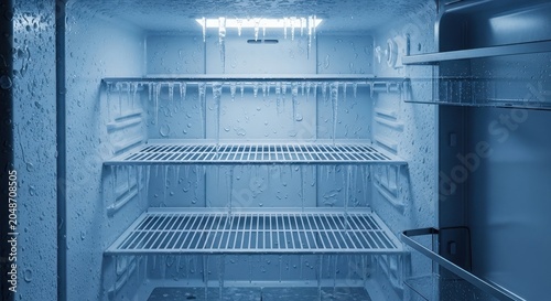 Inside of an empty and heavily defrosted refrigerator or freezer with abundant ice formations and water droplets, suggesting a malfunction or a need for maintenance.