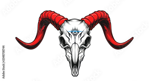 Bild auf Leinwand Ram Skull with Third Eye and Red Horns - Occult, Mystical, Demonic Symbol