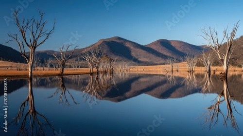 Dead trees reflected in a calm lake.