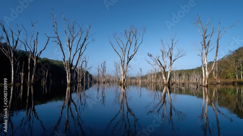 Dead trees reflected in a calm lake.