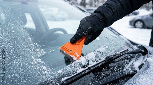 Close-up of a person in black gloves scraping ice from a car windshield with an orange plastic ice scraper on a cold winter morning.