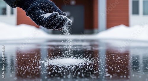 Close up of person hand in glove sprinkling salt on icy sidewalk for safety in winter
