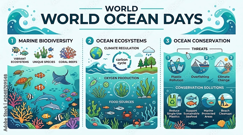 Naklejka premium Colorful Ocean Life Infographic Showing Marine Biodiversity Ocean Ecosystems and Conservation