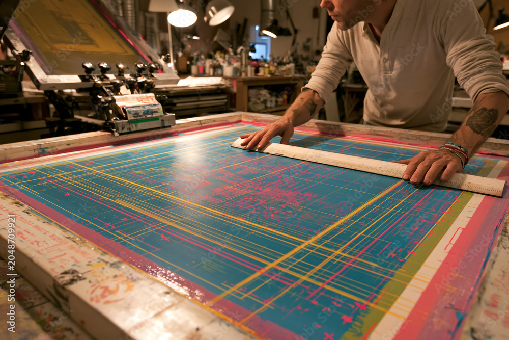 Fototapeta premium Screen Printing Studio: The Artistic Process of Textile Printing and Design